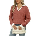 thumbnail image 2 of TEMOFON womens long sleeve Tops V-Neck Pullover Ribbed Knitted Lightweight Sweaters Fall Casual Lapel Collar Jumpe Blouse RED, 2 of 4