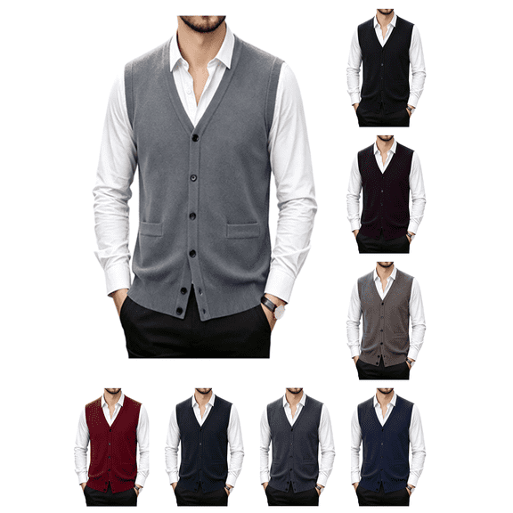 Atkumj Men's Sweater Vests Trendy Solid Color Button Down Knit Vest with Front Pockets Casual Comfortable V Neck Sleeveless Sweater Vest M