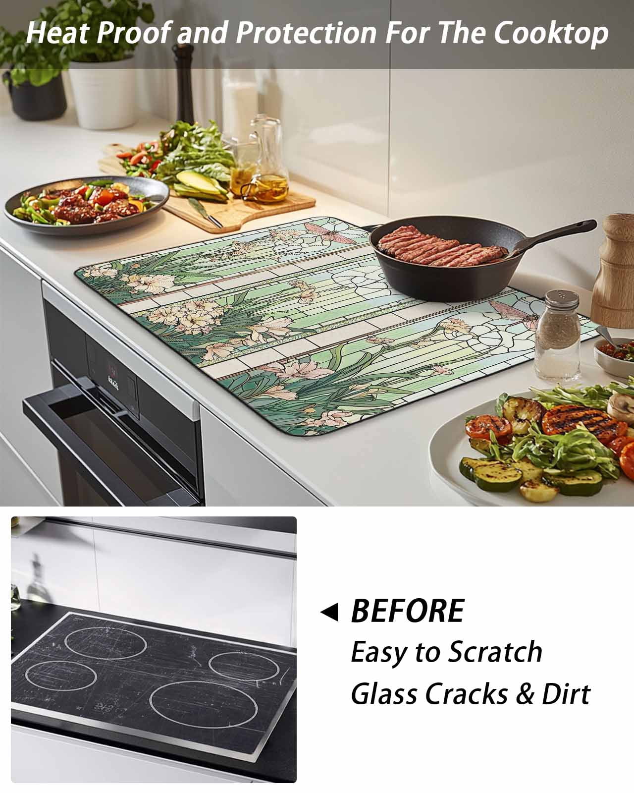 Stove Top Covers for Electric Stove, Butterfly Flowers Glass Stovetop Cover Protector, Vintage Stained Glass Green Spring Induction Cooktop Protector Oven Mat for Kitchen Countertop 24"x21"