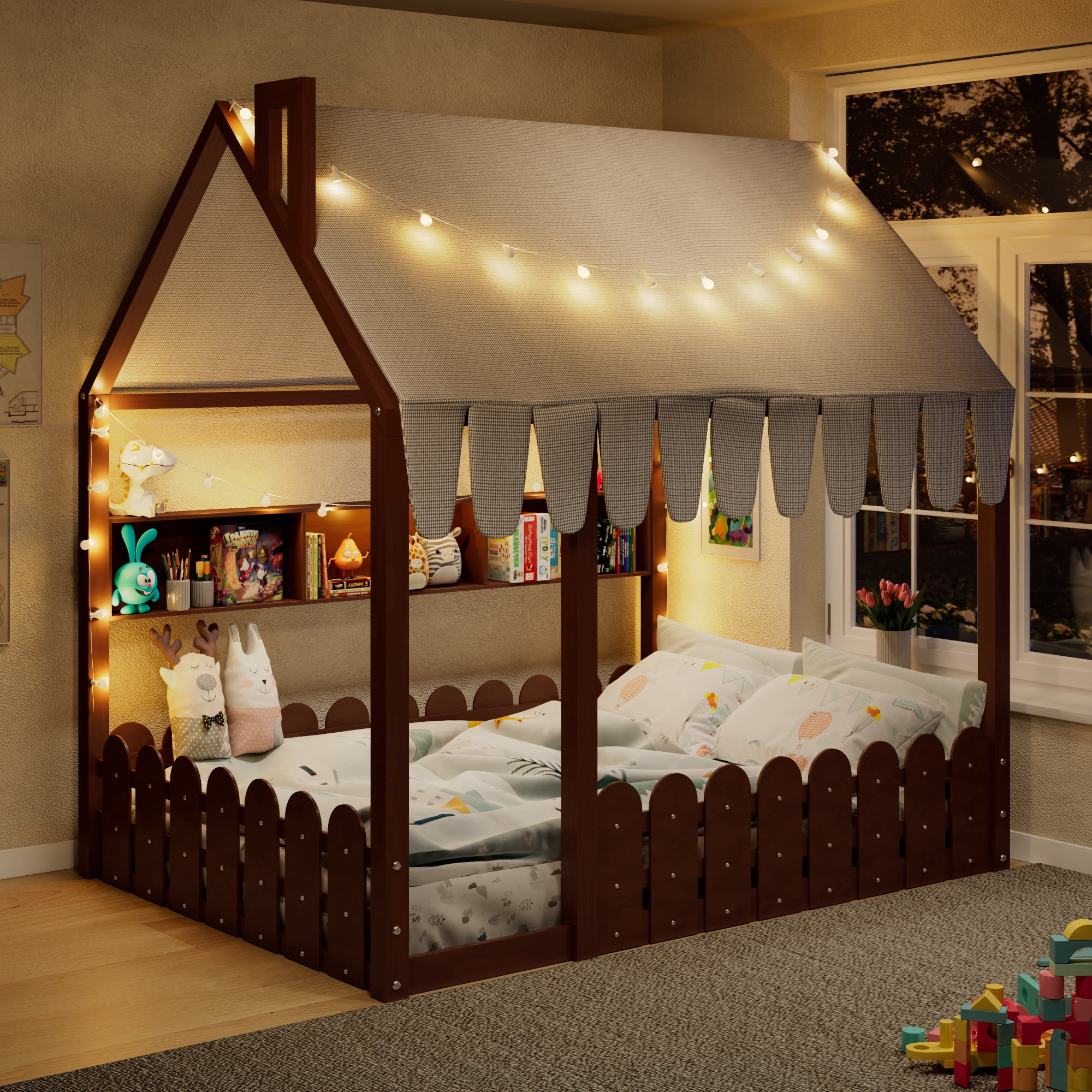Sailvan Full Size Montessori House Bed for Kids, Floor Bed with Fence Railings, Slats not included