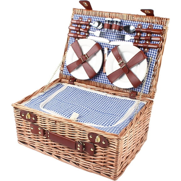 Miumaeov Wicker Picnic Basket Set for 4, Waterproof Large Picnic Set with Portable Handle for Family, Party, Camping