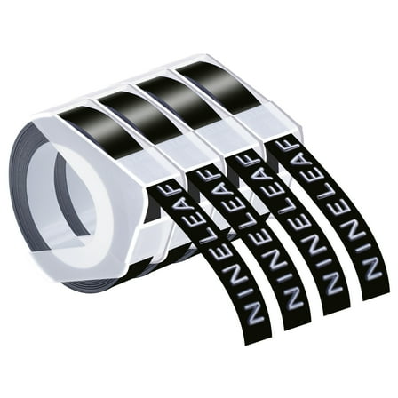 NineLeaf 4 Pack Compatible for Dymo 520109 3D Plastic Embossing Label 3/8'' x 9.8' White on Black Label Tape