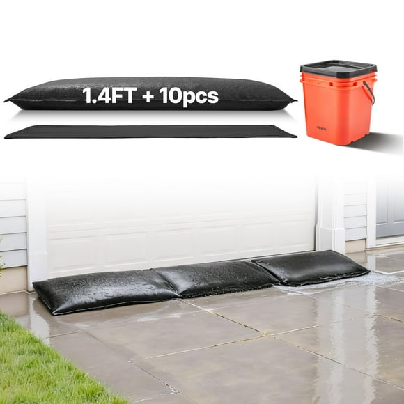 VEVOR Flood Barrier, 10 Pack, 1.4 x 2.7 ft Flood Bags with Bucket, Reusable Water Absorbent Barrier Activated by Water, Sandless Sandbags Blockage, Flooding Prevention Bags for Door, Basement, Garage