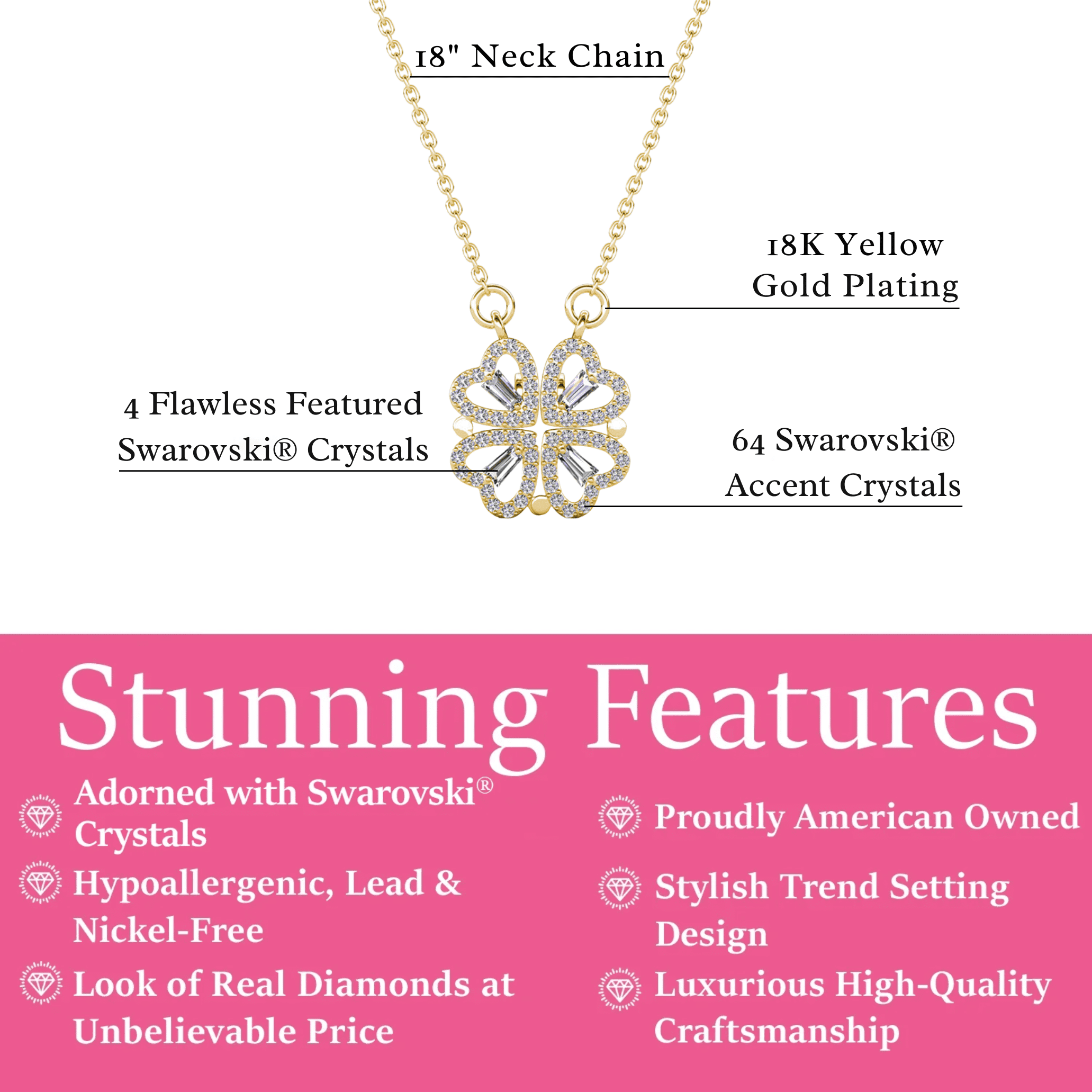 Cate & Chloe Posie 18k Yellow Gold Plated Heart Clover Necklace with Swarovski Crystals for Women