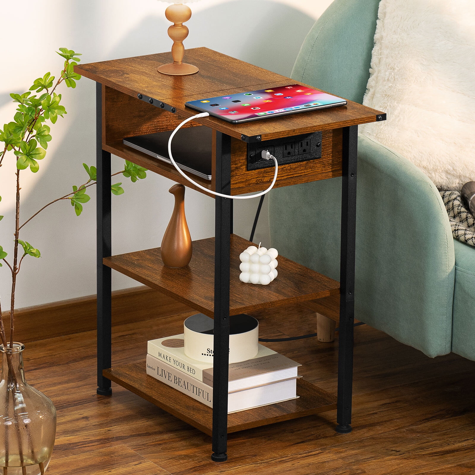 Narrow End Table with Charging Connection, 3 Tier Slim Side Table with Storage Shelf for Small Spaces, Maple End Tables Small Nightstand Magazine Rack for Bedoom