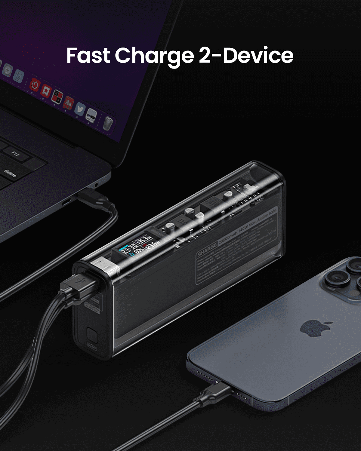 SHARGEEK 140 Power Bank, 140W Output 20000mAh Portable Charger with Screen Display, Transparent, USB C& USB A Port Laptop Power Bank for iPhone 16/15/14 Series MacBook Steam Deck