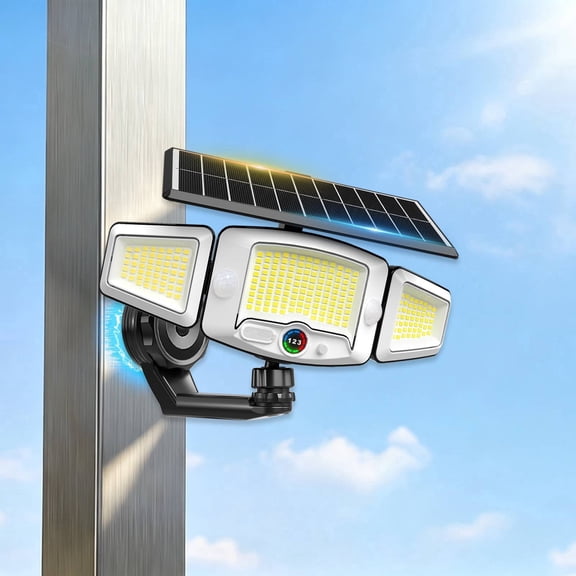 MDCMDCM Magnetic Solar Flood Light, Battery Level Display, 231 LED 3 Head Motion Sensor Security Light for Garage Yard Patio, 1 Pack