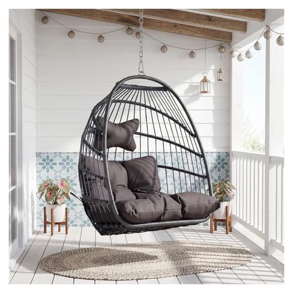 Outdoor Egg Chair Without Stand, Foldable Wicker Basket Chair with Cushions, Steel Frame Patio Furniture for Garden Porch Balcony