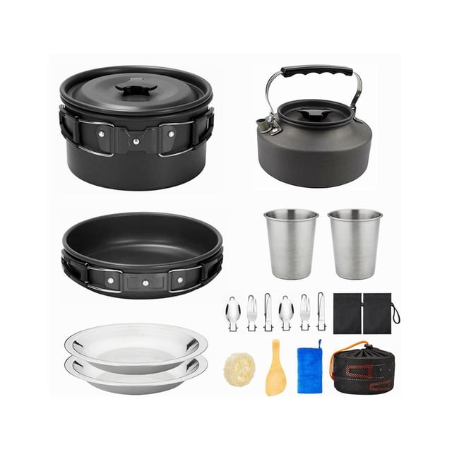 Camping Cookware Set for 2-3 People, Aluminum Outdoor Cooking Kit with Pot, Frying Pan, Kettle and Tableware for Camping Hiking Picnic