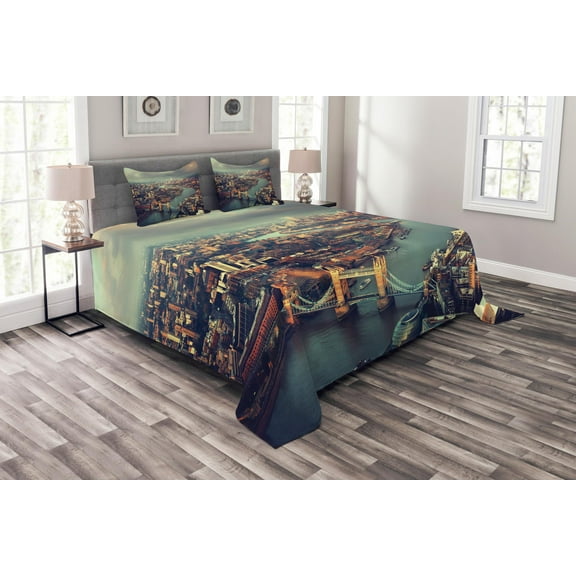 Ambesonne London Quilted Bedspread Set 3 Pcs, Thames River and Bridge, Queen Size, Almond Green Orange
