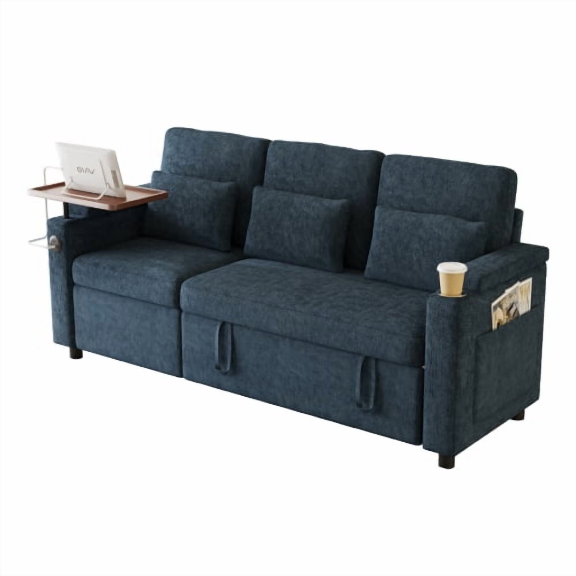 81" 3-in-1 Convertible Sofa Bed, Electric Recliner & Sleeper with Table, USB Ports, Storage Armrests, Chenille, 6 Adjustable Positions, Blue