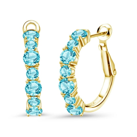 Gem Stone King 18K Yellow Gold Plated Silver Swiss Blue Topaz Hoop Earrings for Women (3.74 Cttw, Gemstone November Birthstone, Round 4MM and 3MM)