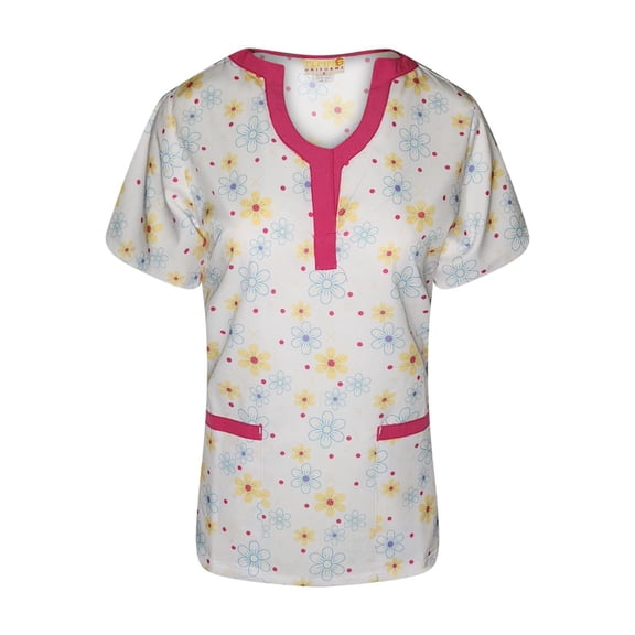 Pepino Uniforms Printed Pink Daisy Trim U-Neck Scrub Top
