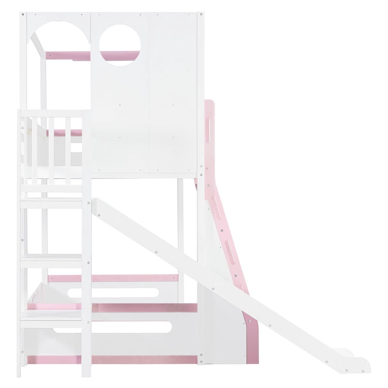 Twin Size Versatile Kids Loft/Bunk Bed with Floor Bed, House Bed Frame with Slide, Storage Shelves and Guardrails