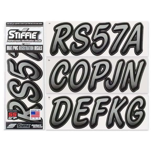Stiffie Whipline Silver/Black Super Sticky 3" Alpha Numeric Registration Identification Numbers Stickers Decals for Sea-Doo Spark, Inflatable Boats, Ribs, Hypalon/PVC, PWC and Boats.