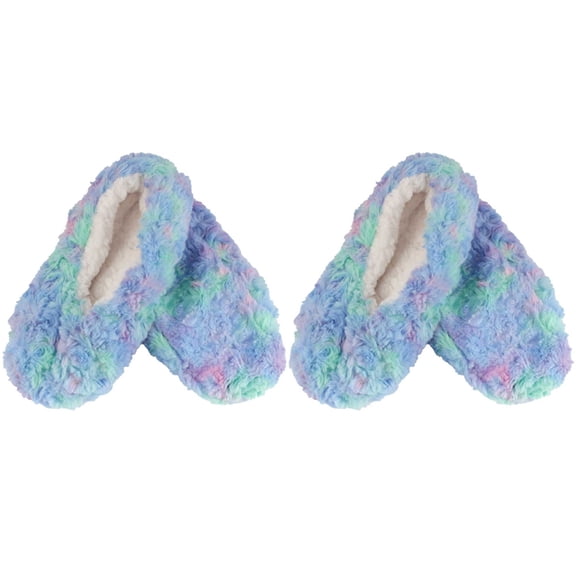BambooMN Women's Tie Dye Multicolor Fuzzy Slippers - Caribbean Waves - Medium - 2 Pairs