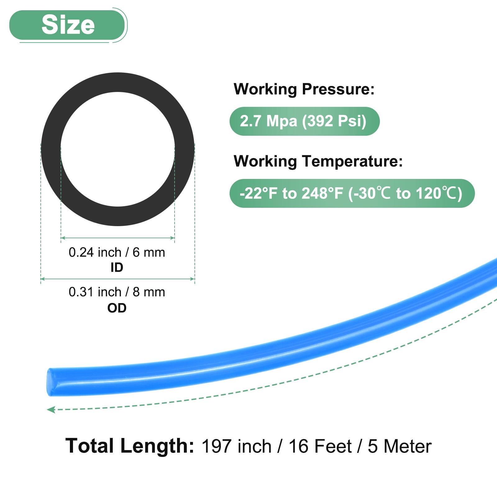 Uxcell Nylon Line Hose Tube, 0.24"(6mm) ID x 0.31"(8mm) OD PA6 Pneumatic Air Line Tubing, Polyamide Water Fuel Pipe [5M/16FT, Blue]