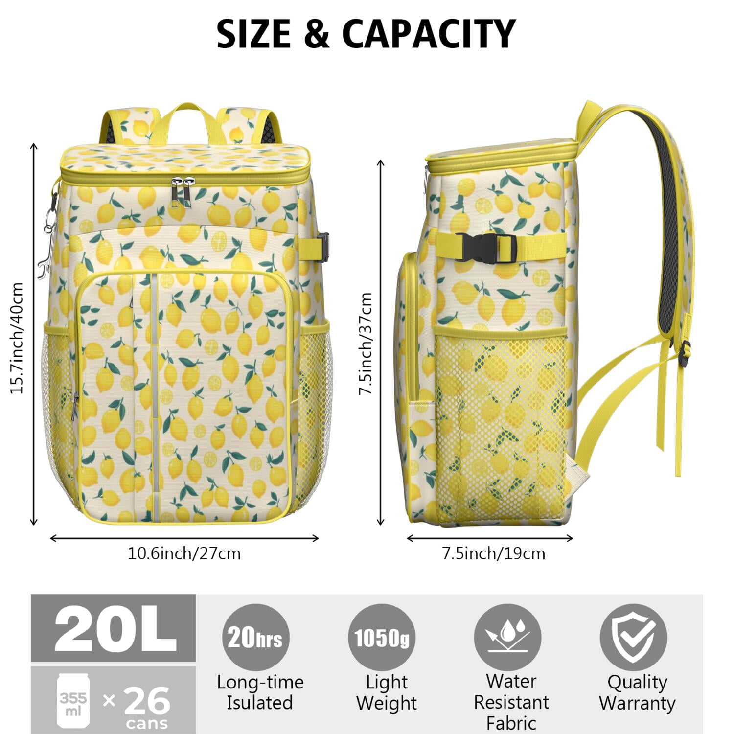 Travel Cooler Bag - Lemon Camping Beer Cooler Backpack with Bottle Opener- Waterproof Insulated Picnic Backpacks - Cooler Bag for Beach