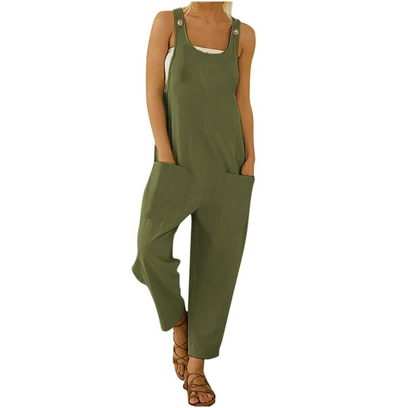 Penkiiy Jumpsuits for Women Womens Fashion Ethnic Style Solid Buttons Pocket Suspender Jumpsuit Green S Jumpsuits
