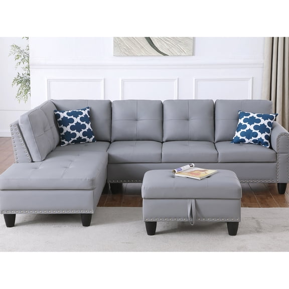 Gray Faux Leather Sectional with Storage Ottoman Function / Pull - Down Cushion and Nail Head Trims
