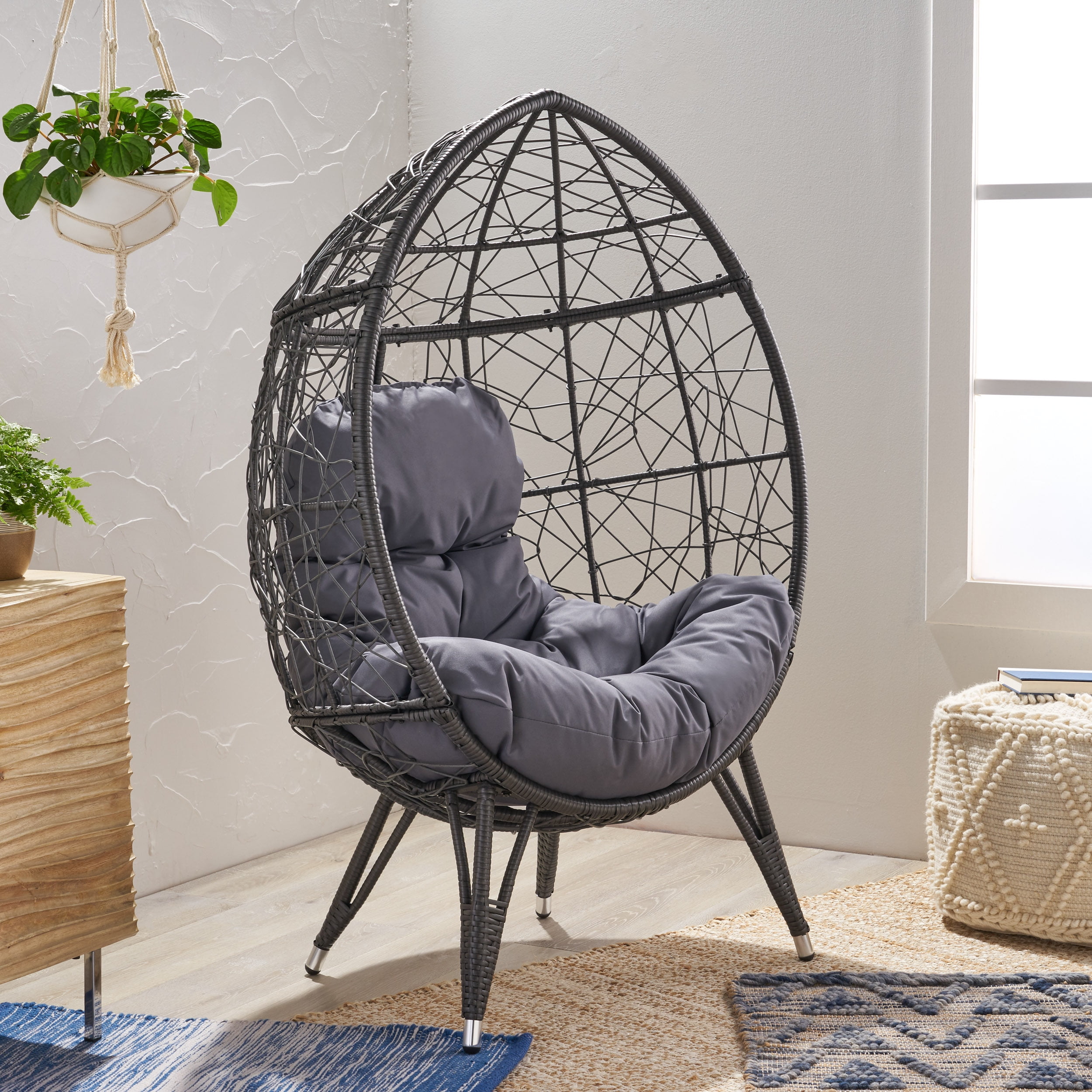 Noble House Daziyah Faux Rattan Teardrop Chair with Cushion, Gray and Dark Gray