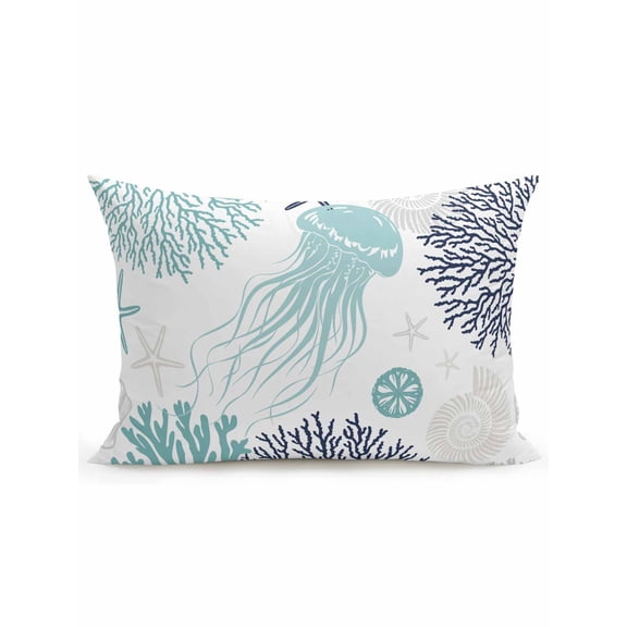 Outdoor Pillows Waterproof, Teal Navy Blue Coastal Bedding Throw Pillows with Insert for Couch Sofa Bed, Coral Jellyfish Nautical 12x20 Inch Pillowcases Decorative Camping Patio Pillow Set of 1