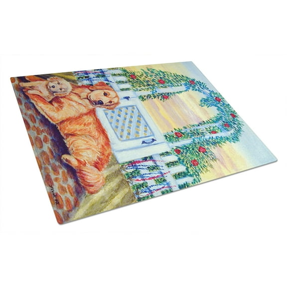 Caroline's Treasures Golden Retriever with puppy at the gate Glass Cutting Board Large