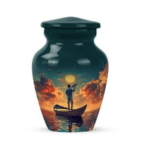 JAGASY Fishing Urn for Friend - Small Urn for Ashes Adult Male & Female - Sunset Boat Water Decorative Urns for Human Ashes Keepsake- Dark Green Cremation Urns for Boy & Girl - (3 Inch)