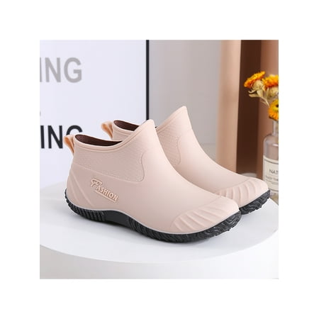 

Wazshop Womens Rain Boots Flat Work Shoes Ankle Bootie Garden Shoe Stylish Slip On Women s Round Top Lightweight Khaki-2 7.5