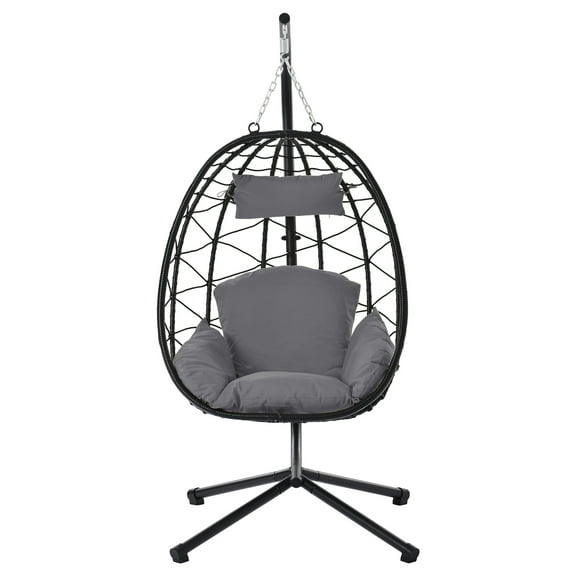 LEGAHOME Wicker Egg Chair, Patio Foldable Swing Chair with Stand and Removable Cushion, All-Weather Rattan Hanging Basket Chair Hammock Chair for Patio Balcony Porch Garden, Dark Gray