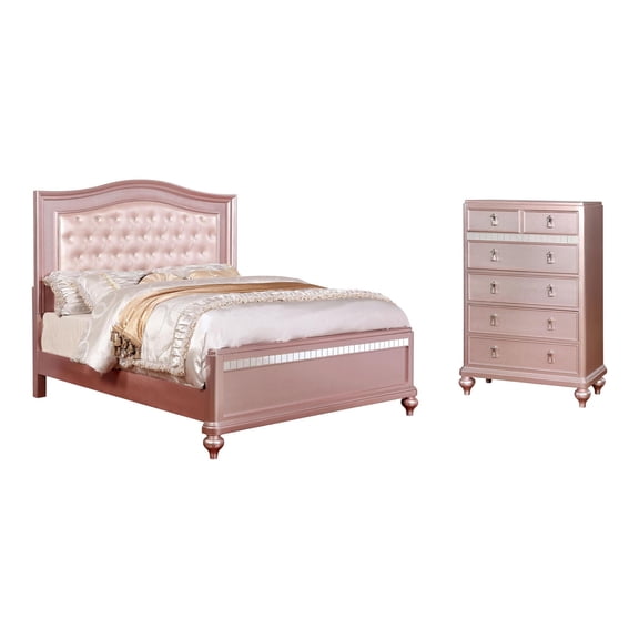 Furniture of America Paisley 2pc Rose Gold Solid Wood Bedroom Set - Queen Chest