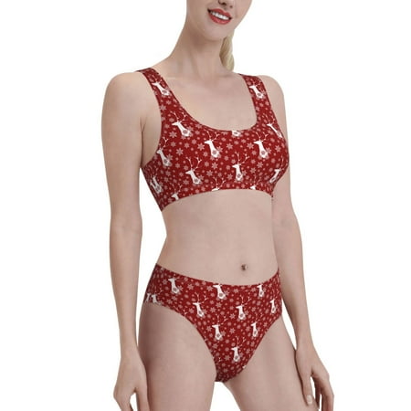 Uemuo Christmas Deer Head Printed Women s High Waisted Bikini Sets Sporty Two Piece Swimsuits Color Block Cheeky High Cut Bathing Suits-XX-Large