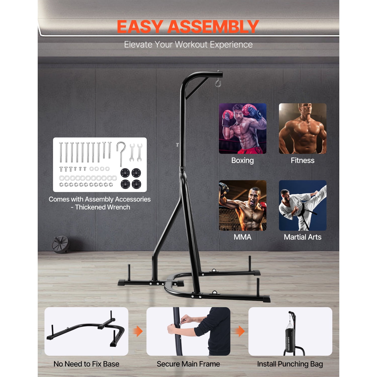 KFFKFF Boxing Bag Stand, Robust Steel Exercise Gear, Punching Bag Support, Can Hold Maximum 140 lbs, Independent Sandbag Frame with Weighted Foundation, Workout Apparatus for Domestic Gym Fitness