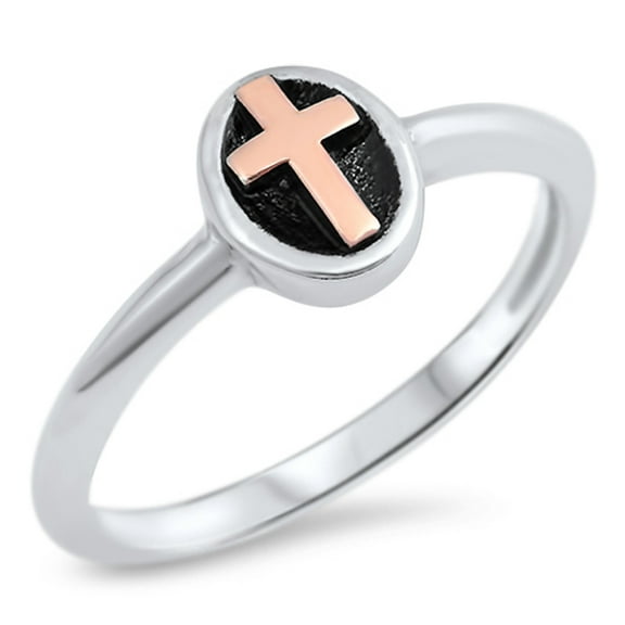 Rose Gold-Tone Cross Christian Oval Ring 925 Sterling Silver Band Jewelry Female Male Unisex Size 9