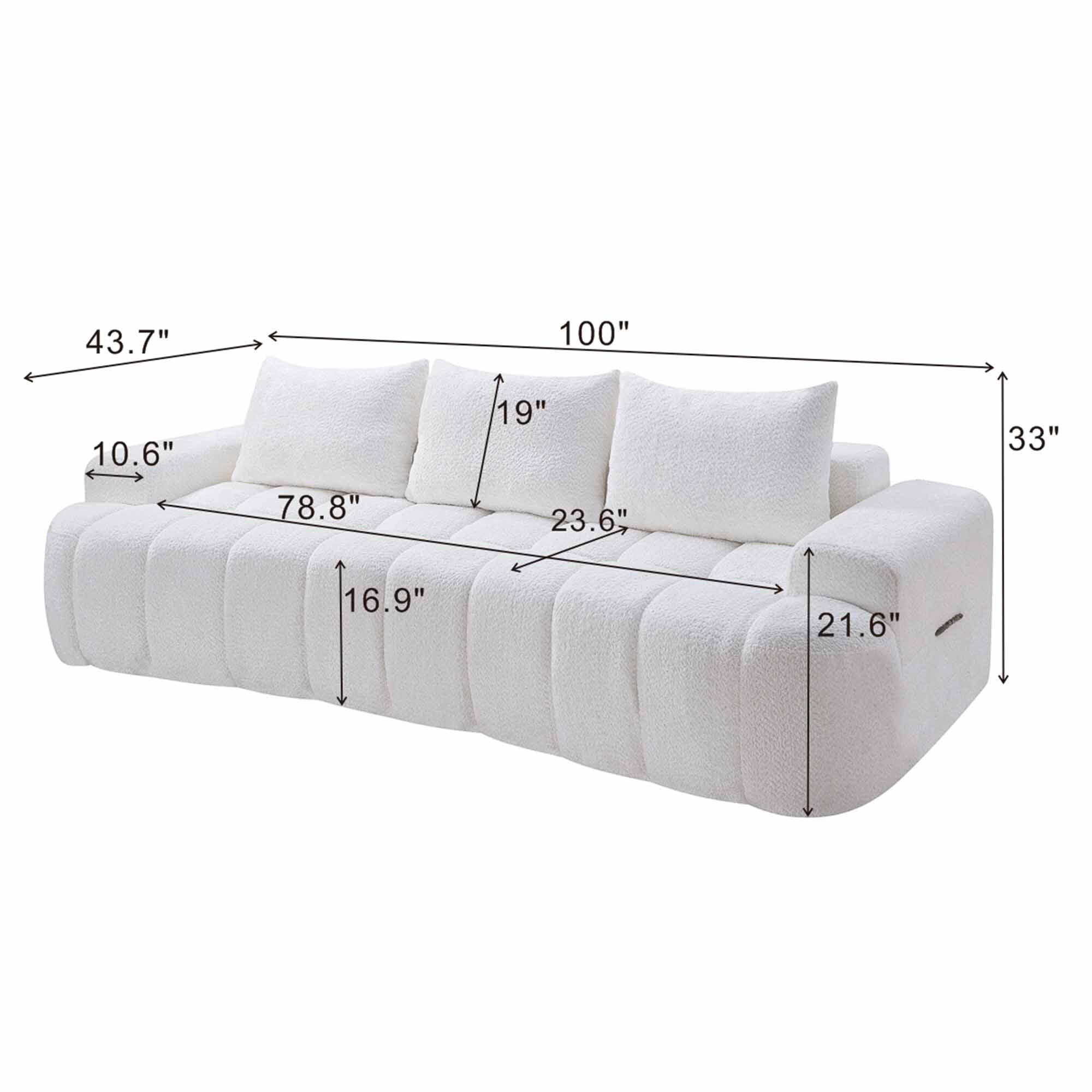 Lunale 100" Curved Boneless Sofa, 3-Seater Cloud Couch, No Assembly Required, Modern Floor Sofa for Living Room, White