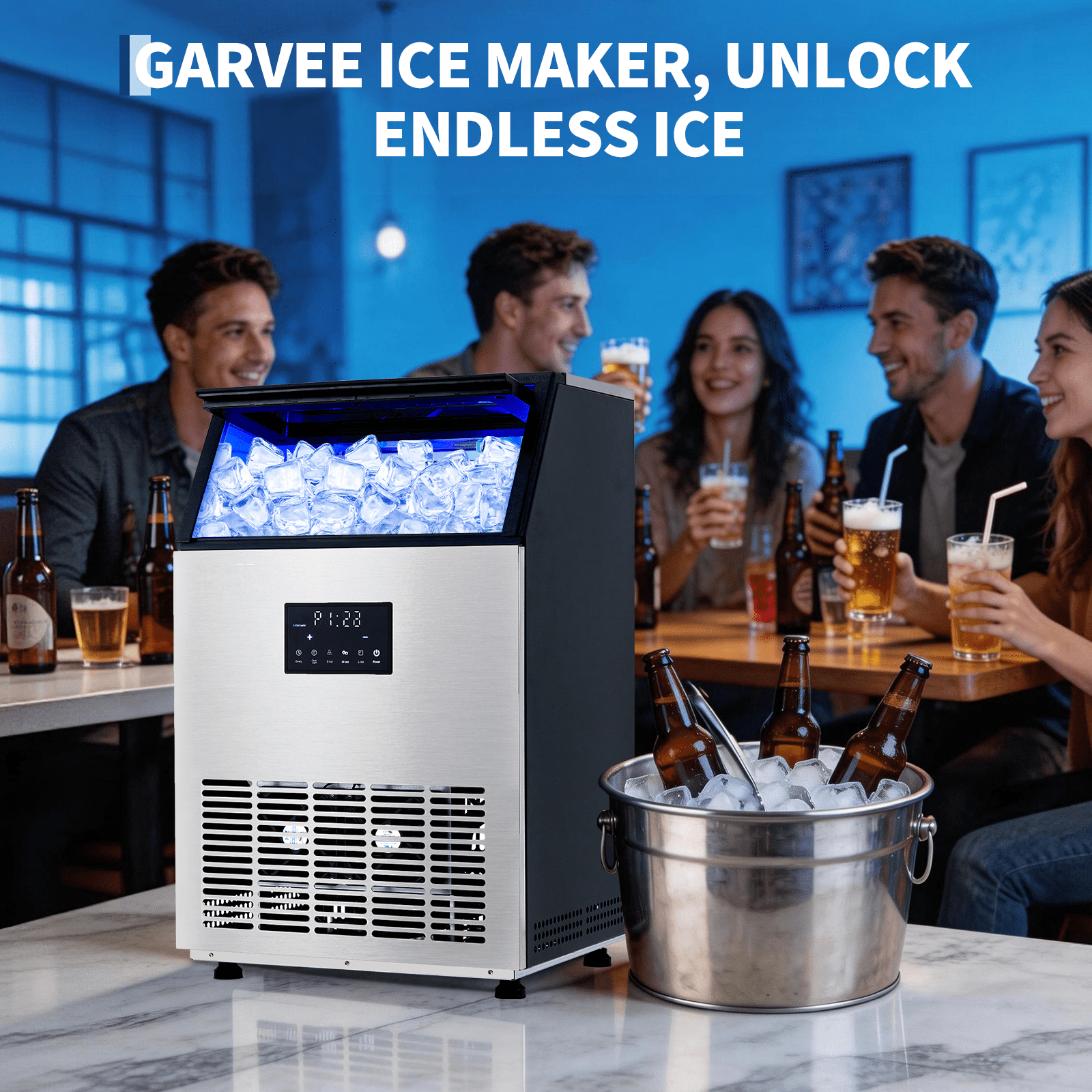 Commercial Ice Maker Machine 150 LBS/24H, Stainless Steel Under Counter Freestanding Ice Machine with 33 LBS Storage Bin, Dual Water Inlet,10-15 Mins Fast Ice, Self-Cleaning