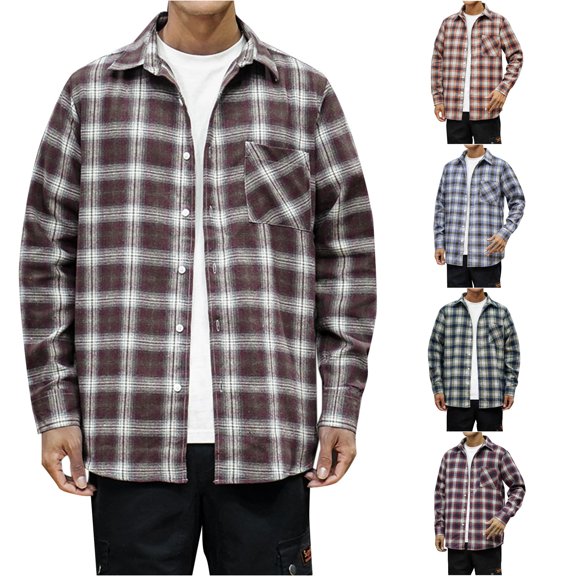 Men Fashion Square Print Lightweight Breathable Long Sleeve Lapel Shirt Purple 4XL