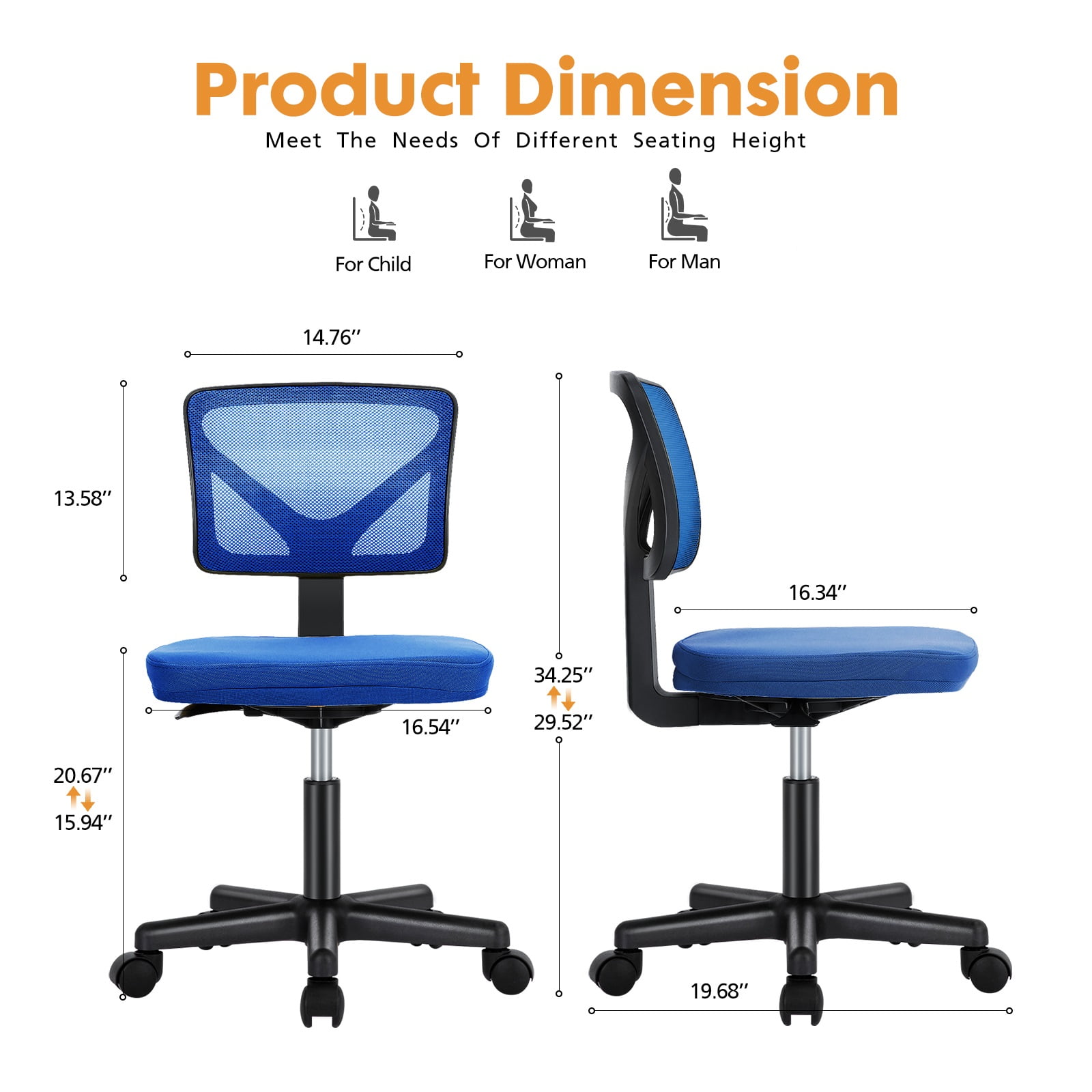 CONCETTA Ergonomic Home Office Mesh Desk Chair, Small Space, Armless Rolling Chair for Adults, Blue
