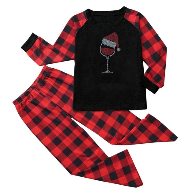Christmas Deals Christmas Parent-child Set Plaid Rhinestone Print HomeWear Pajamas Two-piece Child Set