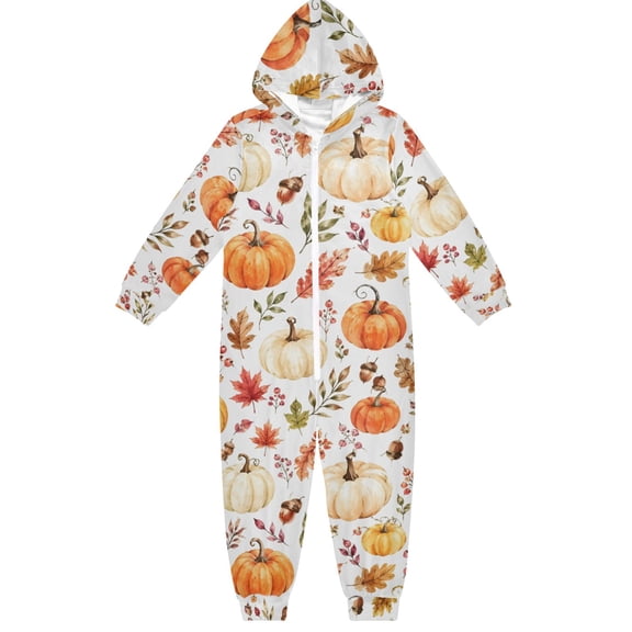 Pumpkin Autumn Leaves Boys & Girls Hooded One-Piece Pajamas Warm Crystal velvet Hooded Long Sleeve Loungewear Jumpsuit Unisex