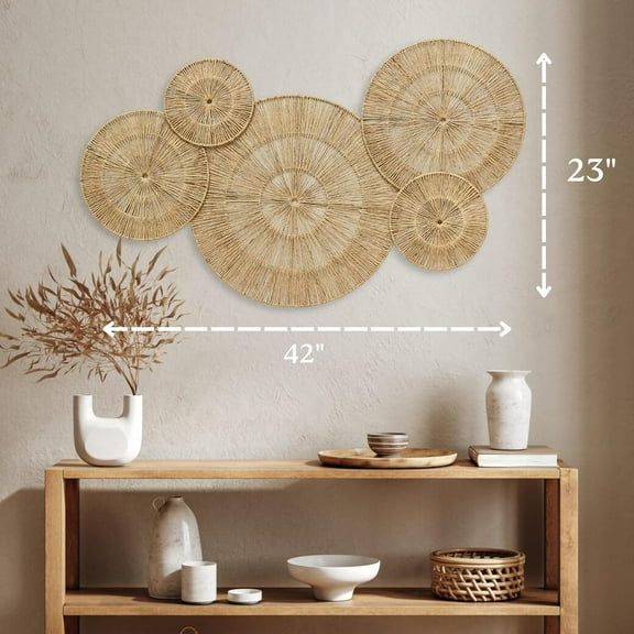 18 Inch Boho Wall Decor Set of 5 Woven Jute Baskets, Handwoven Wall Plates for Living Room, Bedroom - Natural Fiber Hanging Art