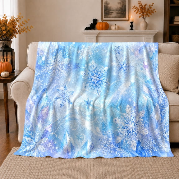 Blue Snowflake Winter Pattern Digitally Printed, Festive Holiday Scene, Warm Flannel Blanket for Living Room and Reading Nook, Art Lovers Friendship Gift, Artistic Home Decor