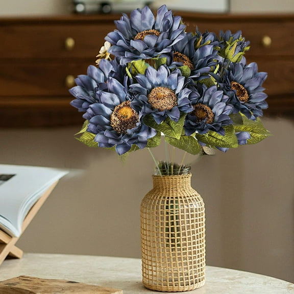 CSSAD 1PC Sunflowers Artificial Flowers,9 Headed Simulation Facing Sunflower,Home Fake Flower Decoration,Sun Flower for Bouquet Wedding Party Home Desktop Decor,Blue