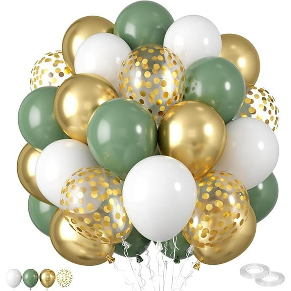 Jinswick Green White Gold Balloons,60 Pcs 12 Inches Bean Green Metallic Gold White Balloons Confetti Balloons for Birthday Shower Party Safari Jungle Woodland Theme