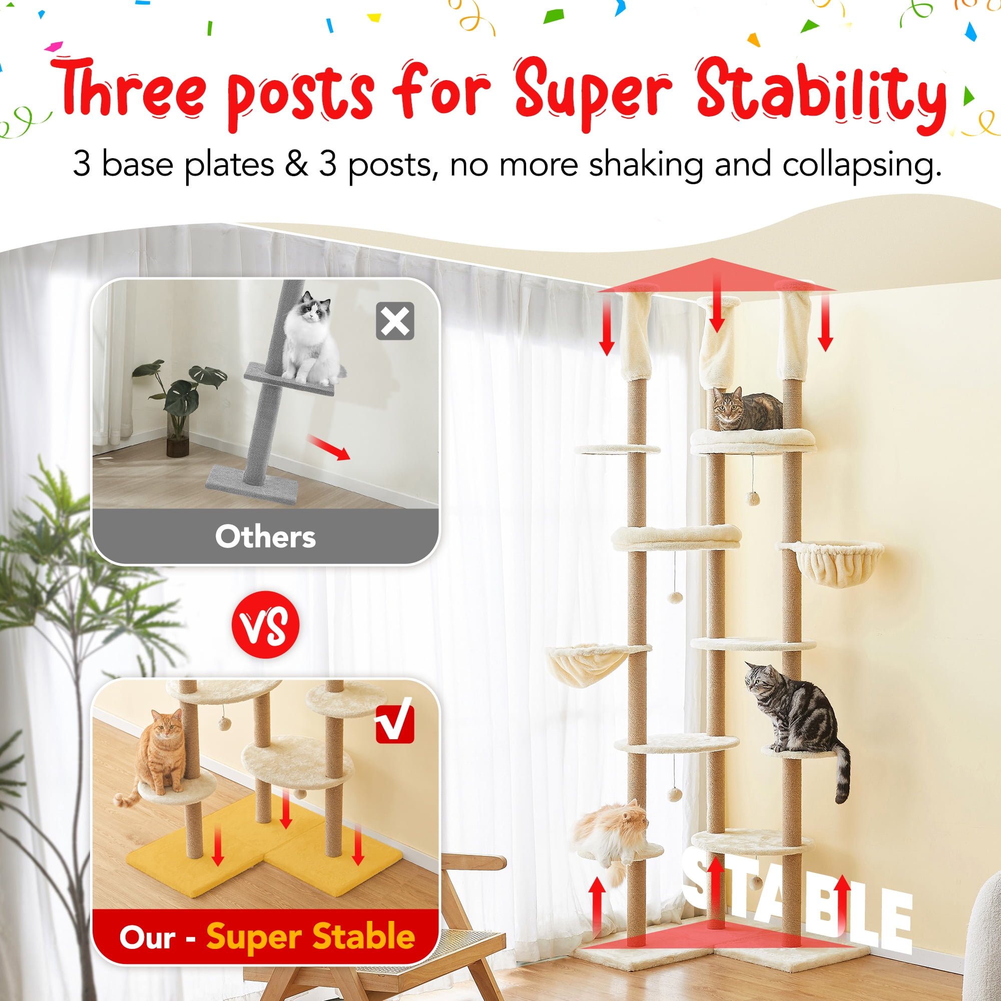 Floor to Ceiling Cat Tree, Tall Cat Tower Adjustable Height (88”-114”=223-290CM), 6-Tier Cat Climbing Tower with 18 Fully Sisal Scratching Posts,Beige