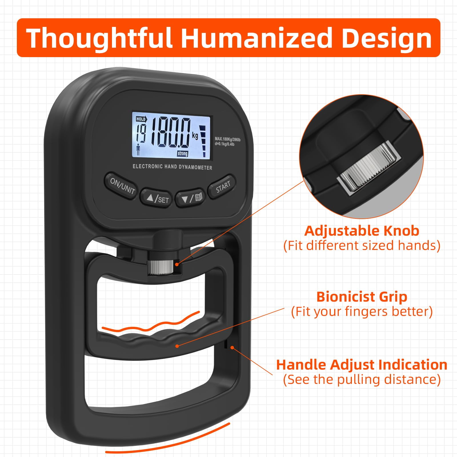 396lbs / 180kg Grip Strength Trainer, Rechargeable Electronic Hand Dynamometer, Digital Grip Strength Tester with LCD Display, （black）