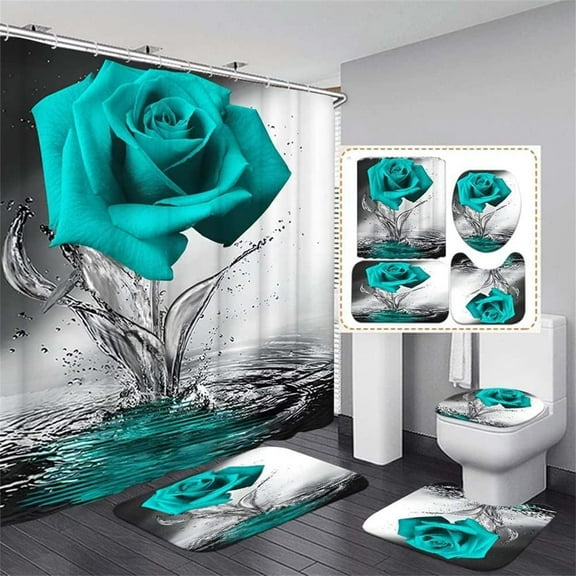 4PCS Water Rose Shower Curtain Set with Non-Slip Rugs, Toilet Lid Cover & Bath Mat, Shower Curtain with 12 Hooks, Bathroom Sets with Shower Curtain & Rugs & Accessories, Teal, 71'' x 71''