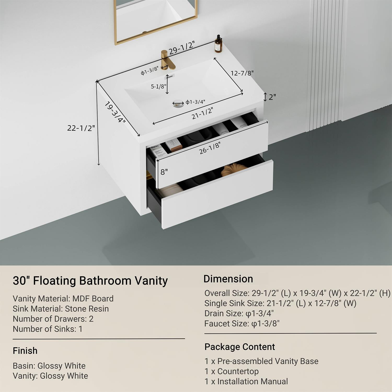 Demi Bonn 29" Wall-Mounted Bathroom Vanity with Sink, Stone Resin Countertop and 2 Soft Close Drawers, Faucets and Drains Not Included, White