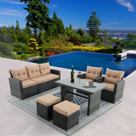 Superjoe 7 Pieces Outdoor Patio Furniture Set All Weather Patio Dining Set Outdoor Sectional Sofa Wicker Rattan Patio Conversation Sets with Patio Table and Chairs Beige Cushions