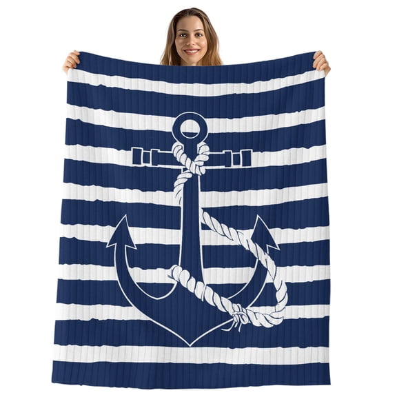 Navy Blue Anchor Nautical Throw Blanket, Flannel Fleece Blanket with Striped Design for Couch, Navy Blue Striped Farmhouse Soft Breathable All Season Plush Blankets for Sofa Office Chair 30"x40"